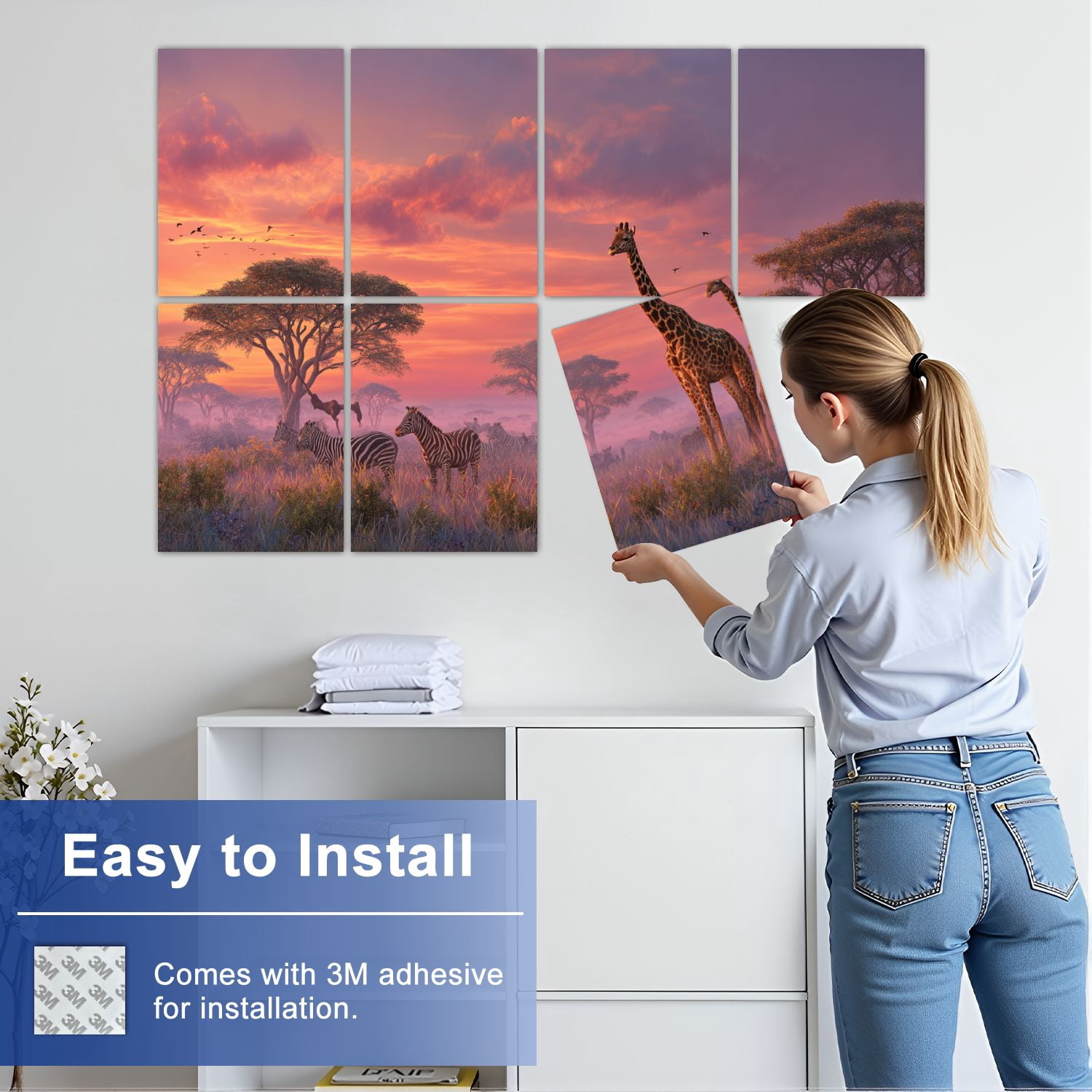 8 Pack Art Acoustic Panels Sound Absorbing Savanna Sunrise Giraffes Zebras Lions Decorative Soundproof Wall Panels Self Adhesive for Nursery Game Room Bedroom 48"x32"