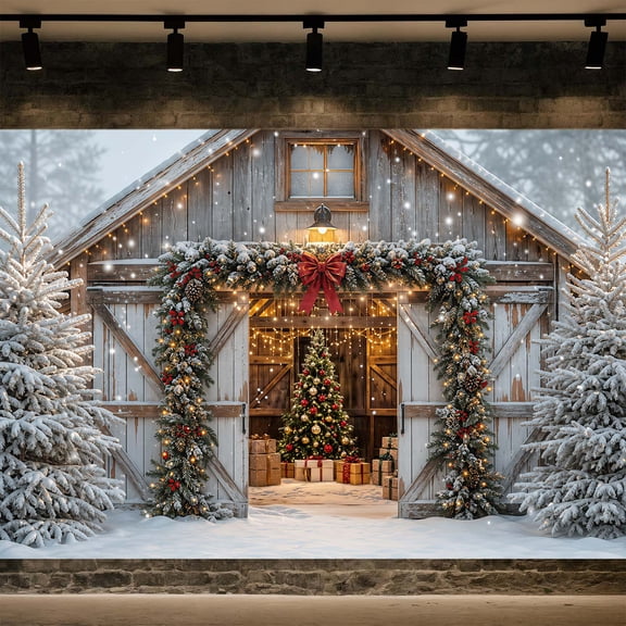 Farmhouse Wooden Barn Christmas Backdrop, Snowy Winter Rustic Xmas Tree Gift Decor Background for Holiday Family Portrait Party Photoshoot,7x5FT