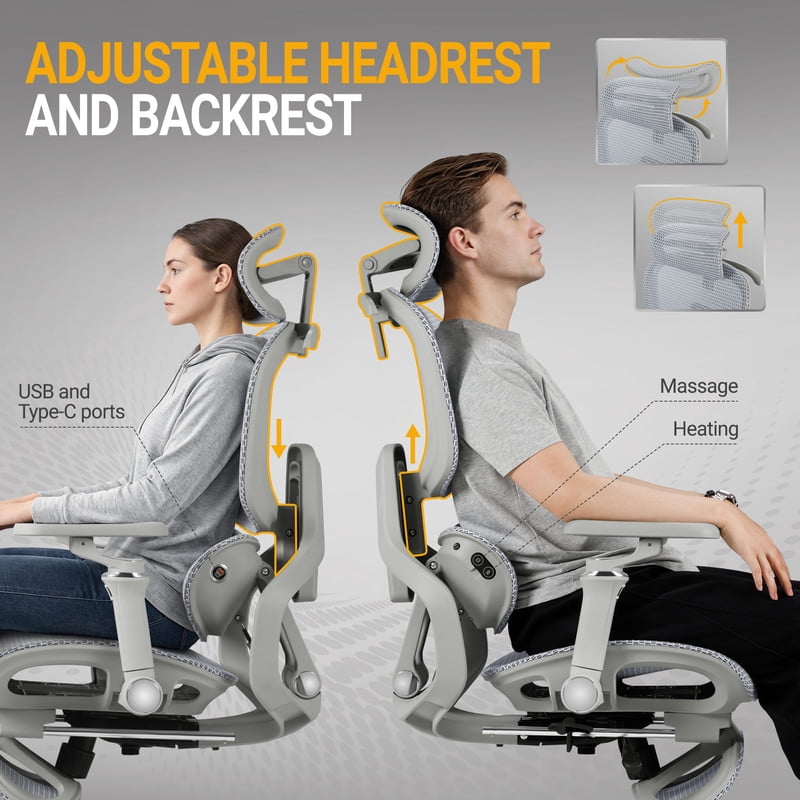 Lacoo Ergonomic Office Mesh Chair Executive High Back Computer Chair with Heated Massage Lumbar Support, 6D Armrest,Adjustable Headrest (Gray)