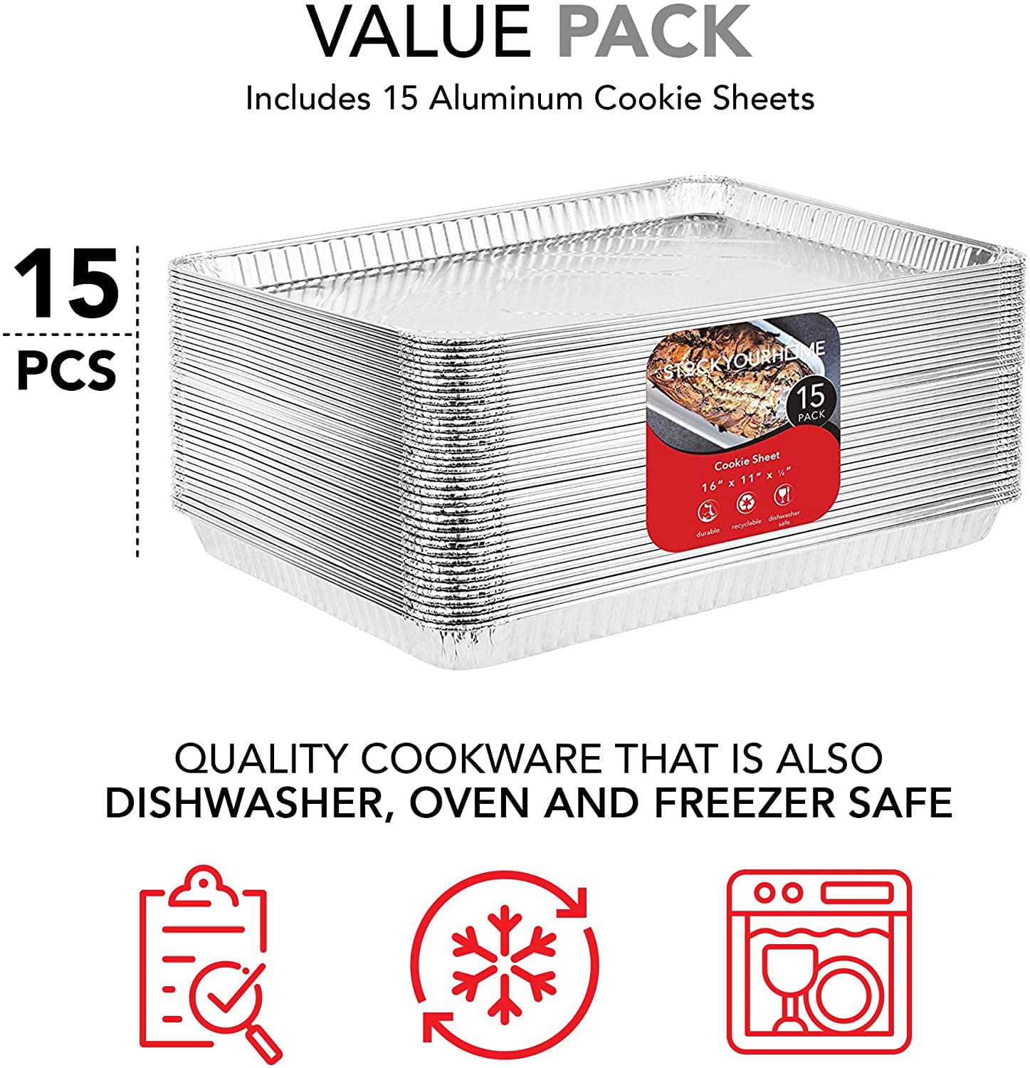 Stock Your Home Aluminum Pans Cookie Sheet Baking Pans (15 Pack) Disposable Aluminum Foil Trays - Reusable and Durable Nonstick Baking Sheets – Disposable Cookie Sheet Foil Pans - 16 Inch x 11 Inch
