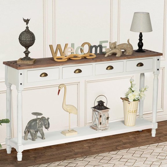 Wnutrees Farmhouse Console Table with 4 Drawers, 60" Long Narrow Boho Sofa Foyer Table with Large Storage Space, Solid Wood Frame and Legs for Entryway, Hallway, Living Room, White