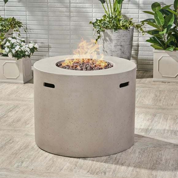Noble House Round MGO Fire Pit Table, 40000 BTU Propane Outdoor Fire Table, Lightweight Concrete, No Assembly, Light Grey
