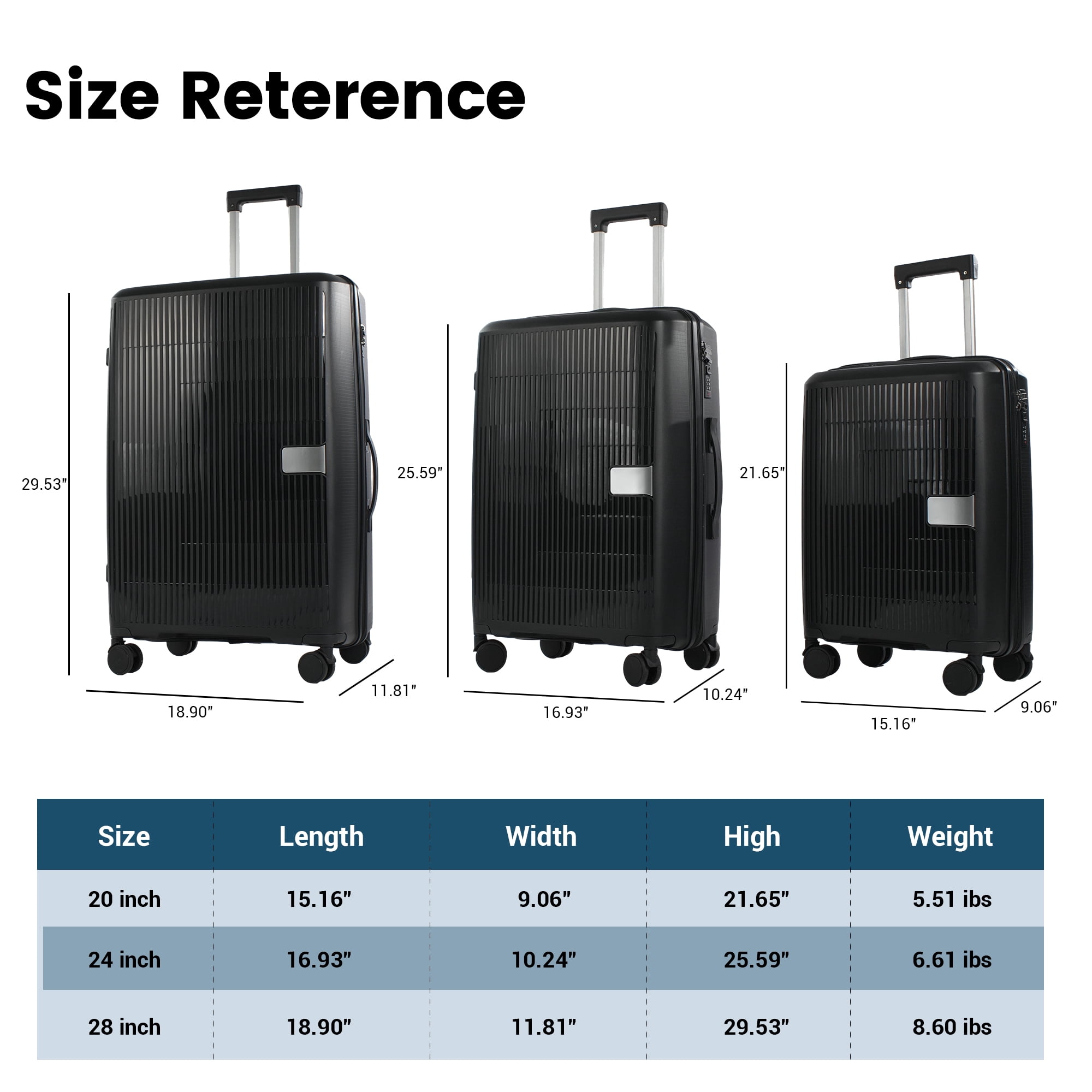 Travelhouse 3 Piece Checked Hard Shell Luggage Set Lightweight Suitcase with Lock and Spinner Wheels,Black
