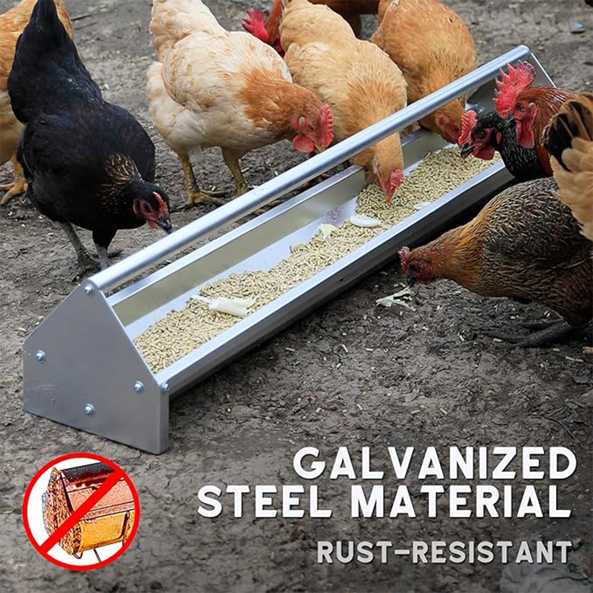 Kadyn 45" 2-in-1 Galvanized Steel Chicken Feeder with Adjustable Distance, Wall Mount Hay and Grain Feeder, Suitable for Sheep, Bantams, Poultry, Pheasants, Silver