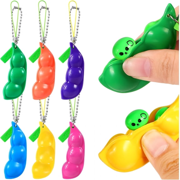 BESTSKY 6 Pcs Squeeze Bean Keychain Fidget Toys, Edamame Pea Stress Relief Keyring with Cute Expressions, Colorful Soybean Sensory Toys for Kids Adults Party Favors Classroom Rewards