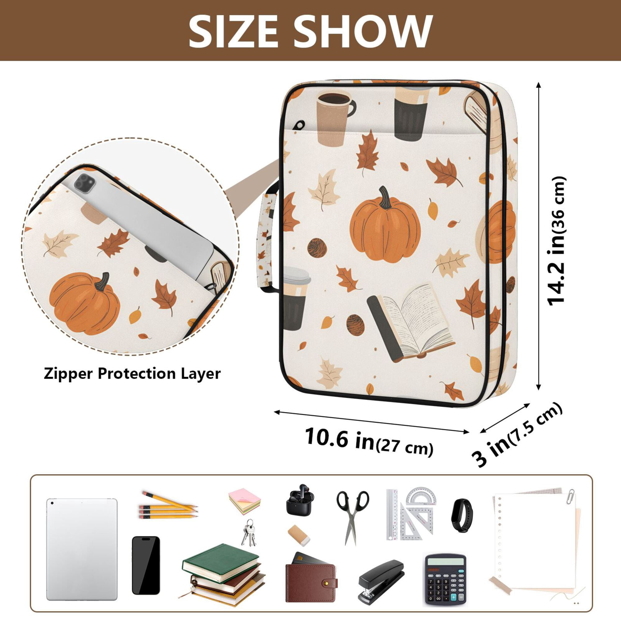 FORMRS Accordion File Folder A4 Size 7-Pocket Expanding Document Organizer Bag with 3 Ring Binder, Hand Drawn Pumpkin