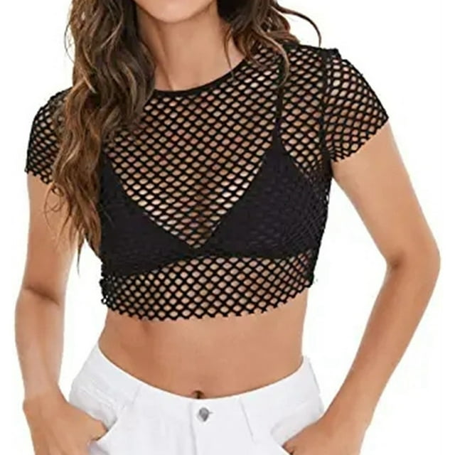NINGMENG Hauts pour Femmes Couleur Unie Mode Maille Transparente Aguichant Col Rond Manches Courtes Hauts Chandail T-Shirts Extérieur, Noir, TG