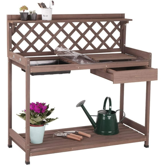 Potting Bench with PVC Layer, Outdoor Gardening Work Bench with Sink & Lid, Wooden Planting Table for Outside with Storage, Drawer, Shelf, Hook