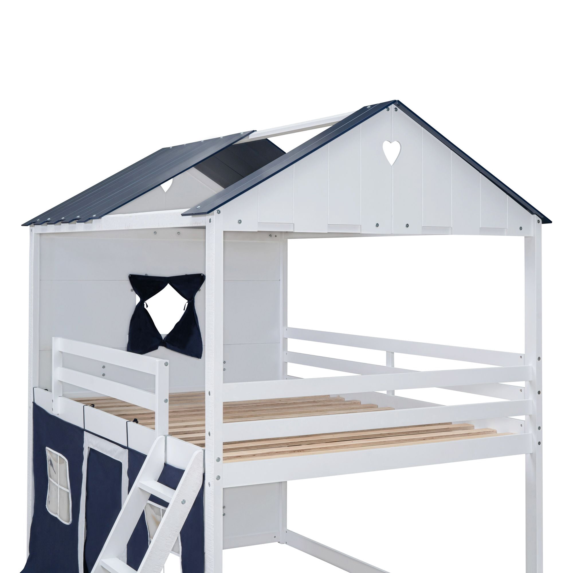 Aukfa Full over Full Bunk Bed with Tent and Roof, Wood Playhouse Bed for Kids, Blue