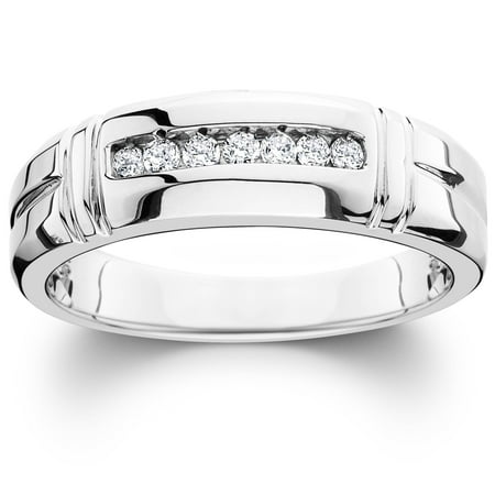 14k Mens Diamond Rings - 1/4ct Channel Set Diamond Ring 14K White Gold Mens Wedding Band