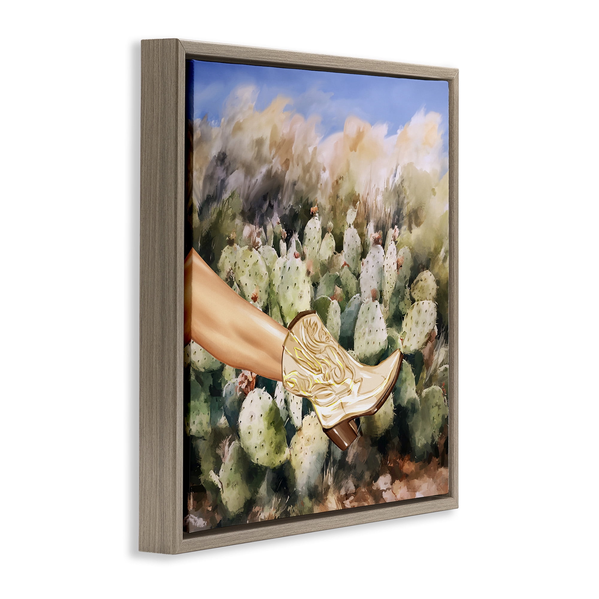 Stupell Industries Cowgirl Boot & Cactus Botanical & Floral Painting Brown Floater Framed Canvas Art Print Wall Art, 18 x 18