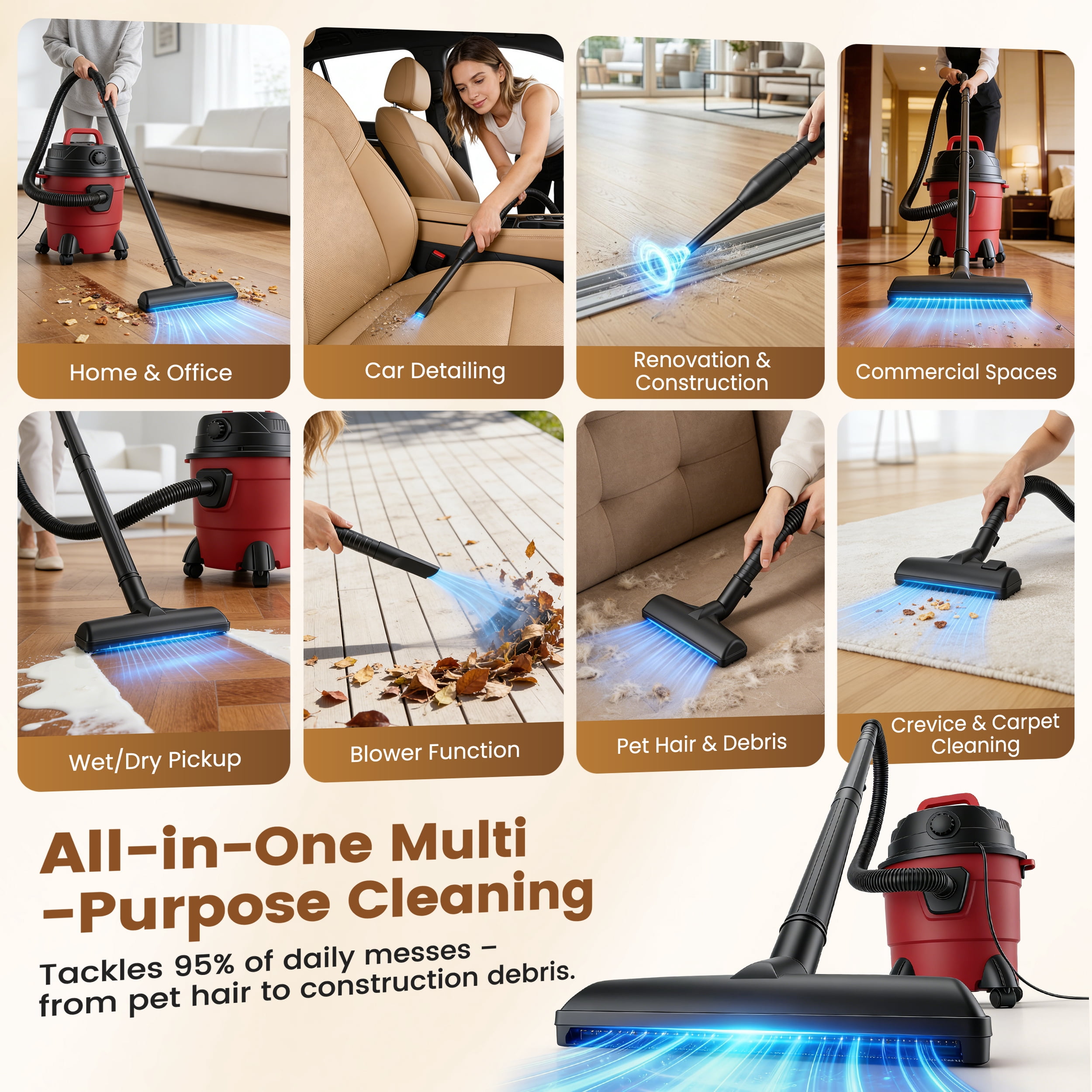 RELOIVE Wet Dry Vacuum, 2.64 Gal 1200W 5.5 Peak HP,3-in-1 Shop Vacuum Wet and Dry with Filter and Attachments for House Garage Workshop Car