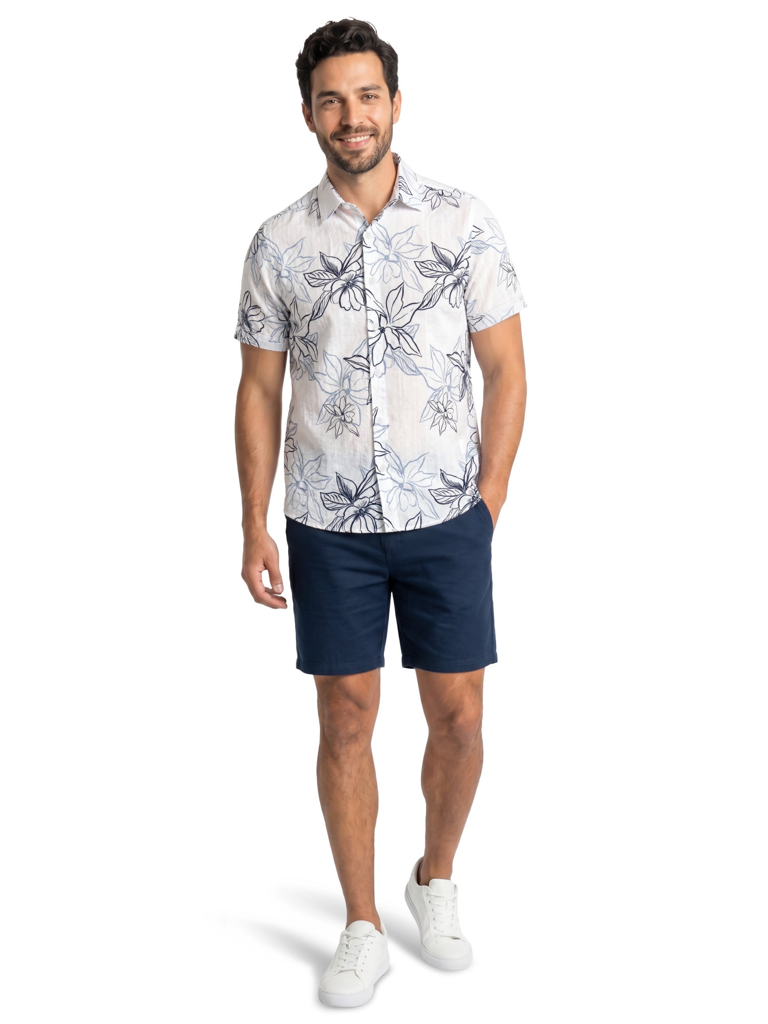 Cafe Luna Men’s and Big Men’s Seersucker Tropical Floral Print Short Sleeve Button-Down Shirt, S-5XL
