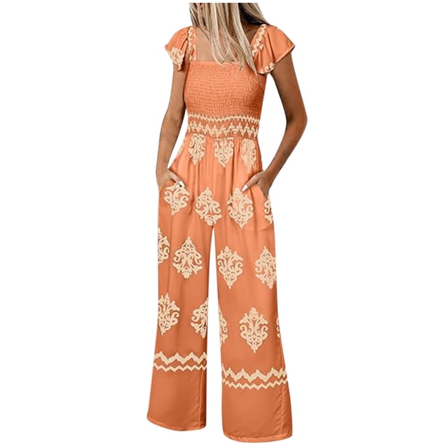 Smocked Boho Jumpsuit for Women High Waist Wide Leg Rompers Flutter Pockets Square Neck Cap Sleeve Beach Vacation Clothes, Orange, L