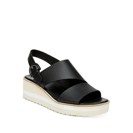 

VINCE. Womens Black 1 Striped Platform Asymmetrical Cutout Padded Goring Shelby Round Toe Wedge Buckle Leather Slingback Sandal 8 M