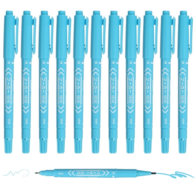 Uxcell Twin Tip Permanent Markers, 12 Pack Light Blue Fine and Ultra Fine Point Colored Makers Quick Drying Coloring Pen for Writing Drawing on Wood Plastic Metal Glass Stone