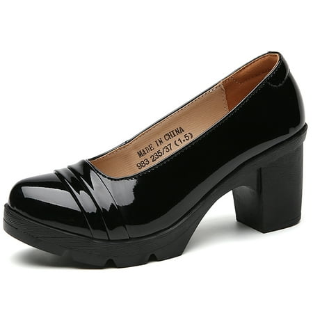 

DADAWEN Women s Mary Janes Platform Pumps Mid-Heel Round Toe Slip-on Uniform Oxfords Dress Shoes Black 9.5 US