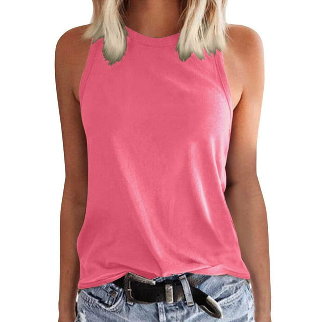 Ladies Solid Color Vest Sleeveless Summer T Shirt Round Neck Top