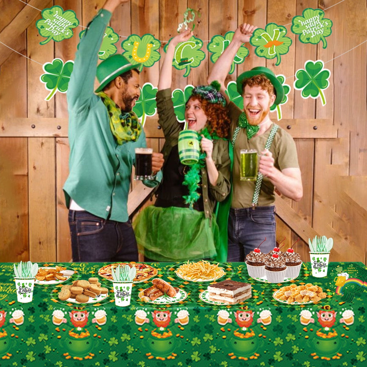 St. Patrick's Paper Plates Party Supplies Shamrock Decoration Cups Napkins Tableware Tablecloth Disposable for Irish Holiday Party Favor Accessories Serve 24 Design1