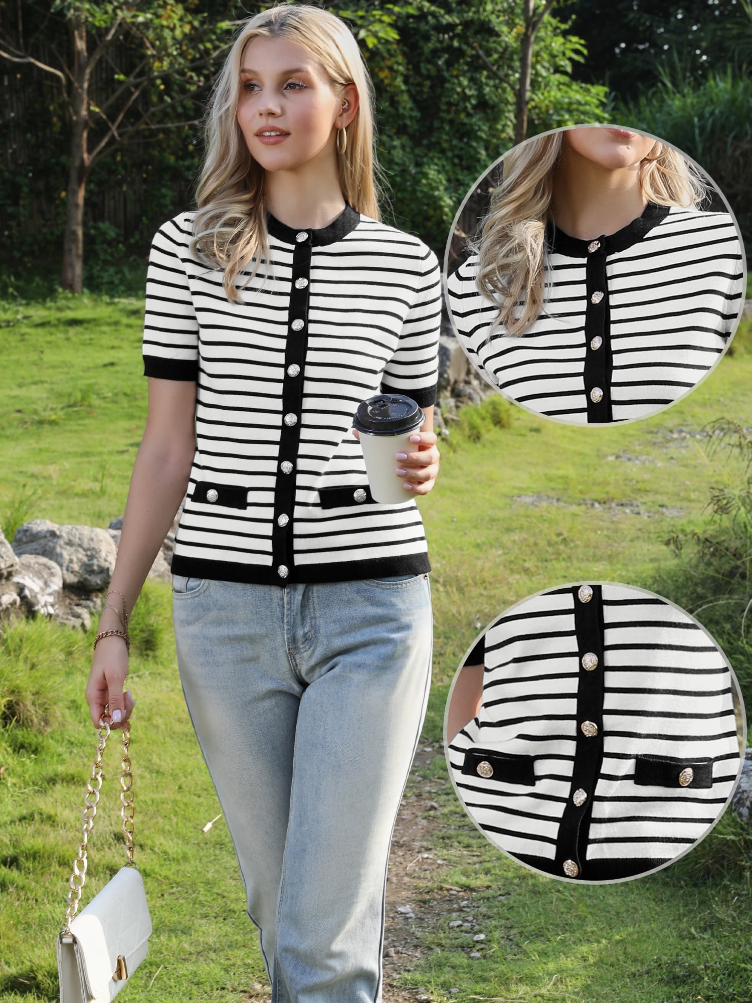 DARING DIVA Women's Striped Short Sleeve Button Down Sweater M Black White Stripe