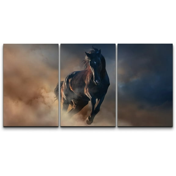 wall26 - 3 Piece Canvas Wall Art - Beautiful Black Stallion Run in Desert Dust Against Sunset Sky - Modern Home Art Stretched and Framed Ready to Hang - 24"x36"x3 Panels