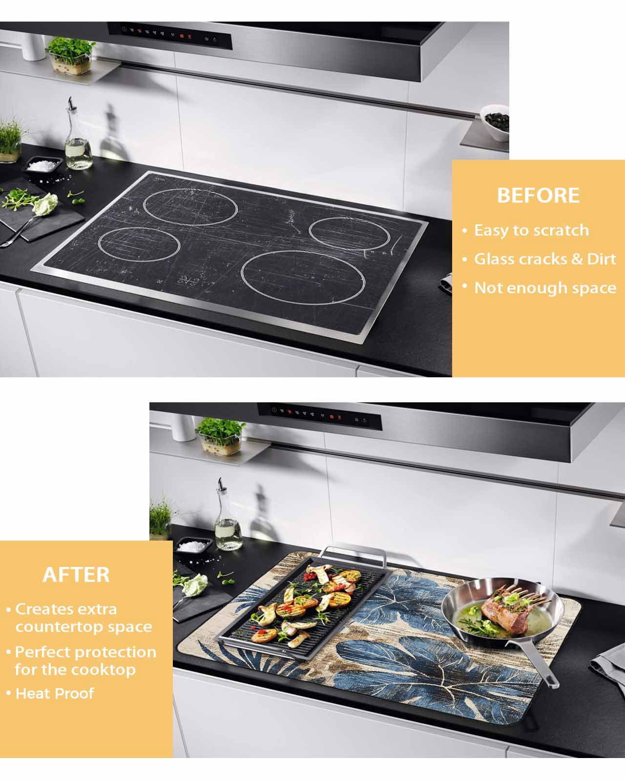 nqOlkjepod Large Induction Cooktop Protector Mat 36"x21", Blue Brown Botanical Stove Top Covers for Electric Stove, Summer Vintage Flowers Decorative Stove Burner Cover Mats, Glass Top Stove Cover