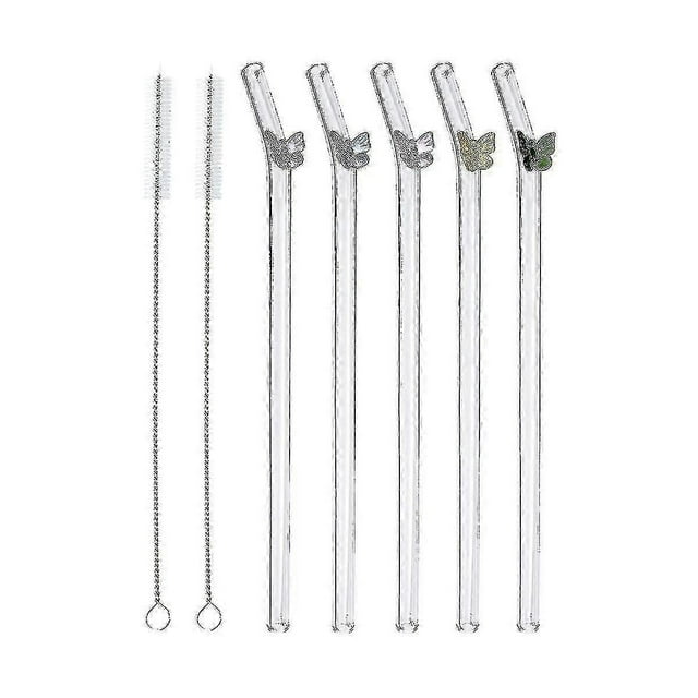 5 Pcs Reusable Glass Straws,colorful Butterfly On Clear Straws With Design Shatter Resistant Bent D XXF