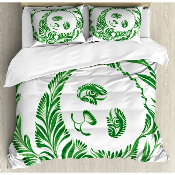 Modern Duvet Cover Set, Ukrainian Folk Art Ceramic Tile Inspired Panda Bear Featured Foliage Illustration, Decorative 3 Piece Bedding Set with 2 Pillow Shams, Queen Size, Hunter Green, by Ambesonne