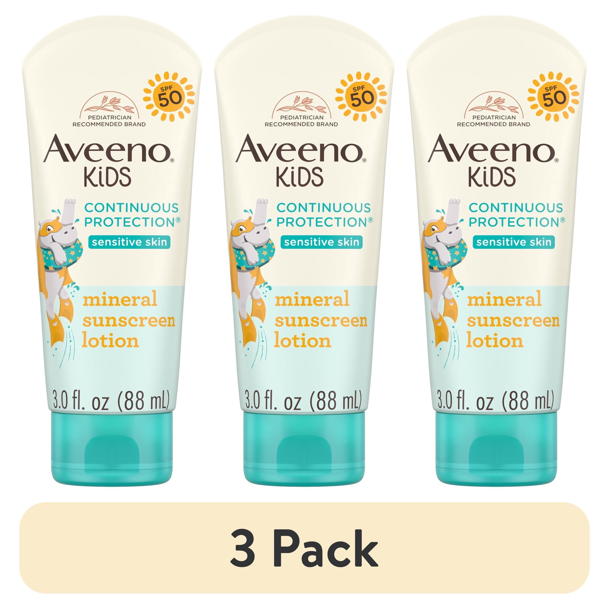 (3 pack) Aveeno Kids Continuous Protection Mineral Sunscreen, SPF 50, 3 Fl oz