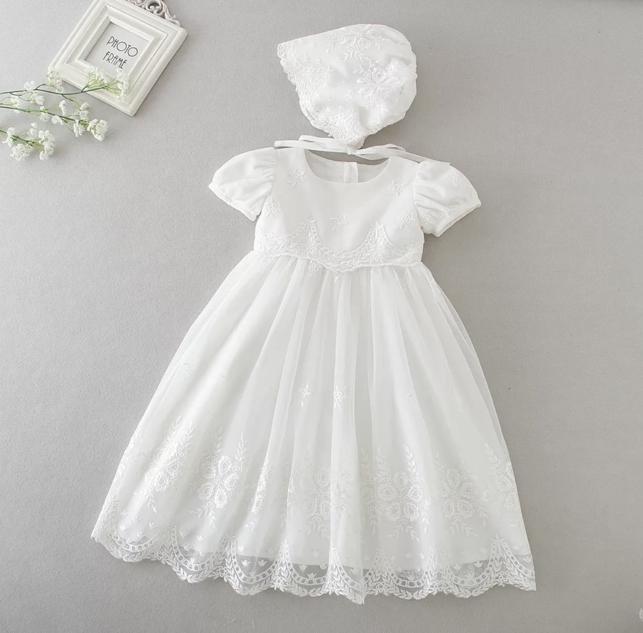 Bonnet 6M 12M 18M 24M White Infant Baby Girl Baptism Christening Gown Dress 