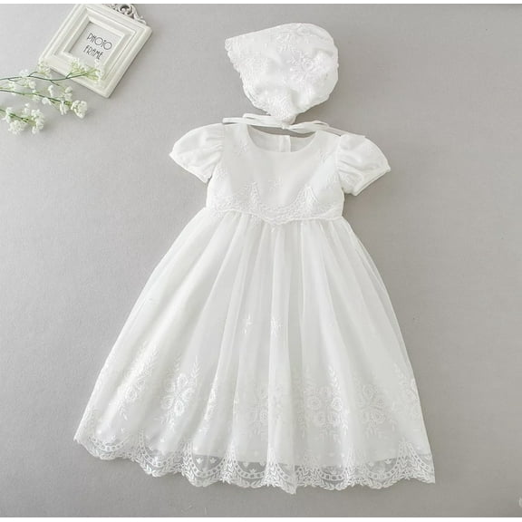 Baby Girls Baptism Dress Christening Gown with Bonnet Lace Design 18M