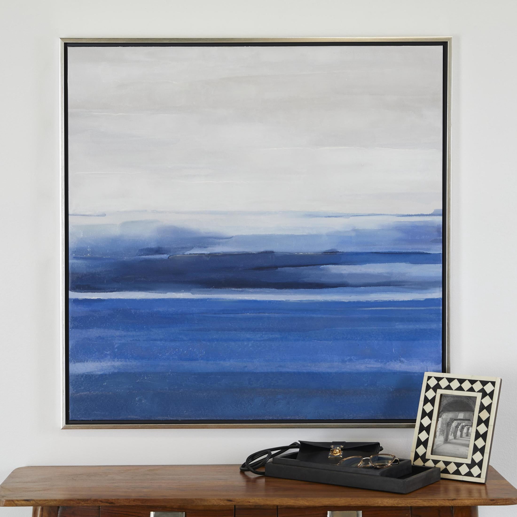 37" x 37" Abstract Ocean Inspired Landscape Framed Wall Art with Silver Frame, by DecMode