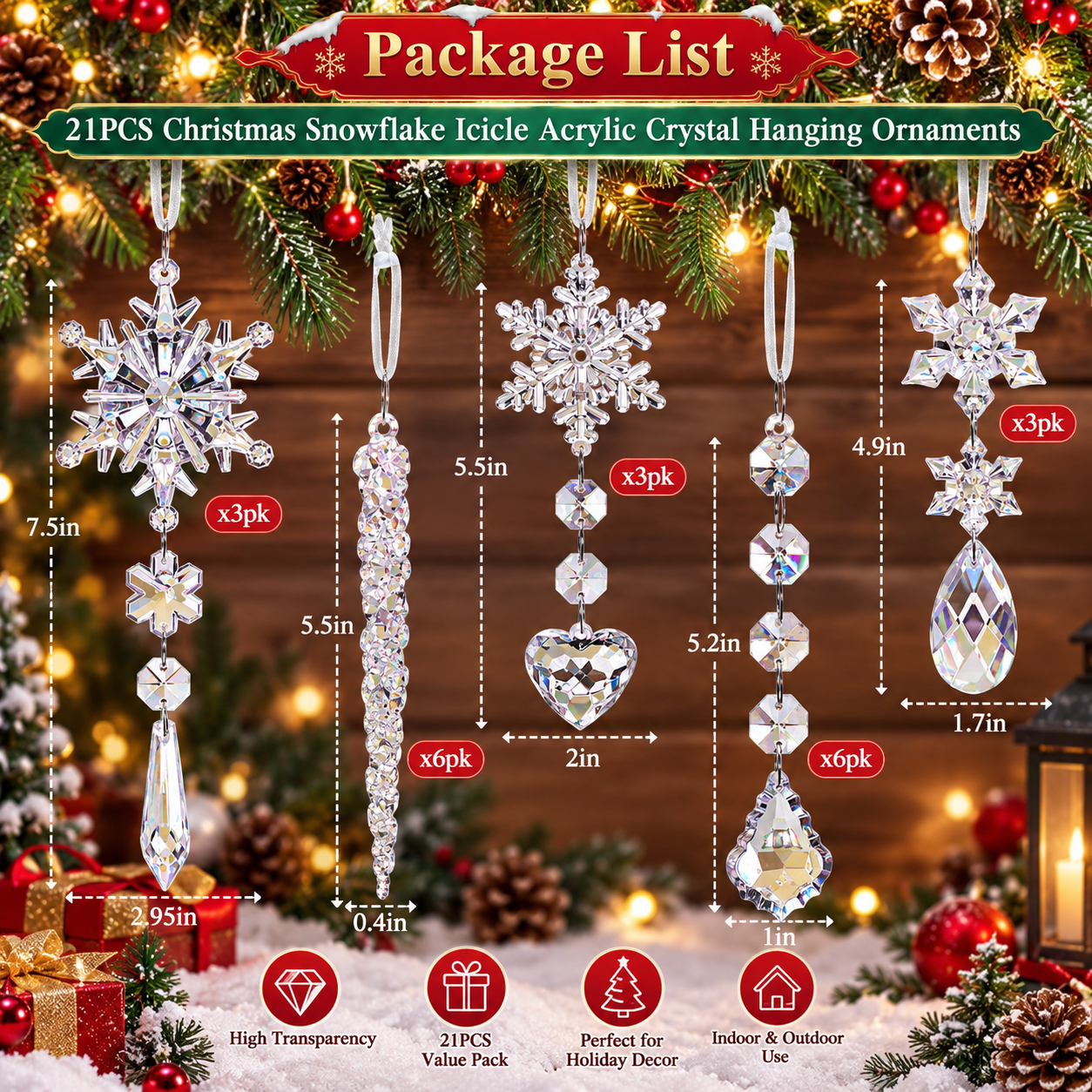 HAMCSTNF 24-Piece Crystal Snowflake & Icicle Ornaments photo 6
