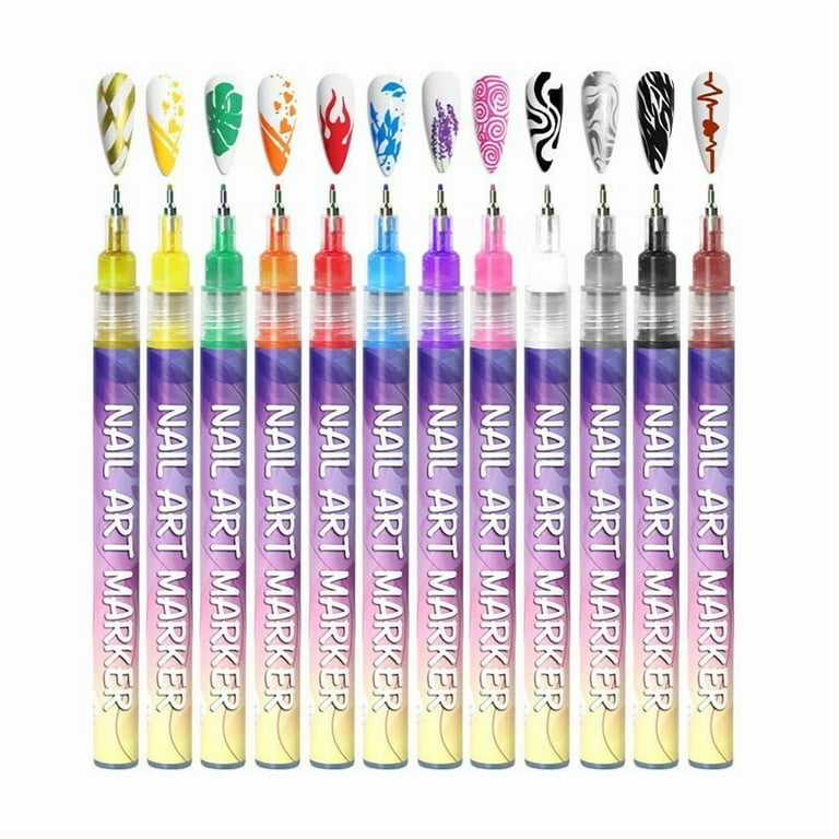 12 Colors Nail Art Pens Set, 3D Nail Art Markers Doodle Pen for Adults, Nail Art Tools for Polishing Dotting Painting Liner DIY 10ml