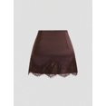 thumbnail image 2 of Brown Satin Mini Skirt With Intricate Lace Trim, Elegant A-Line Design For Women, 2 of 7