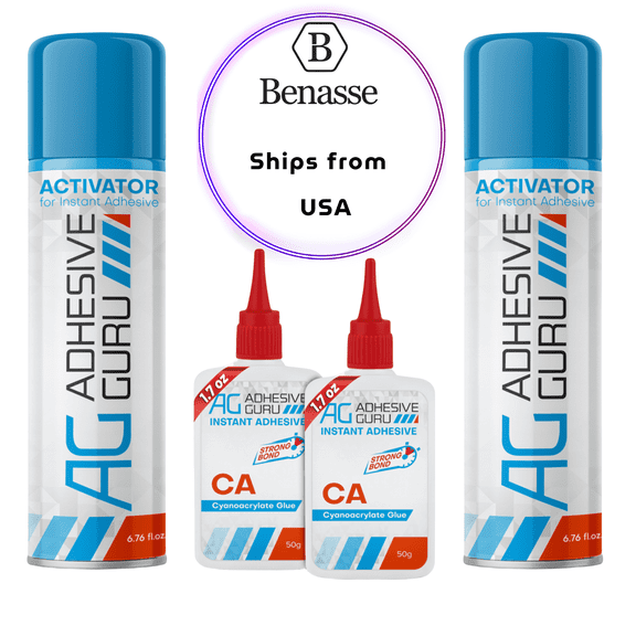 Adhesive Guru CA Glue with Activator (2x1.7 oz - 2x6.76 fl oz) - Premium Cyanoacrylate Super Glue for Woodworking, Woodturning, Plastic, Metal, Leather, DIY, Ceramic & Craft | Instant Bond