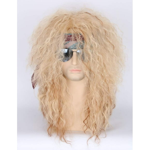 Peluca para cosplay, rubia, de los 80, larga, rizada, rockera, discoteca, Halloween