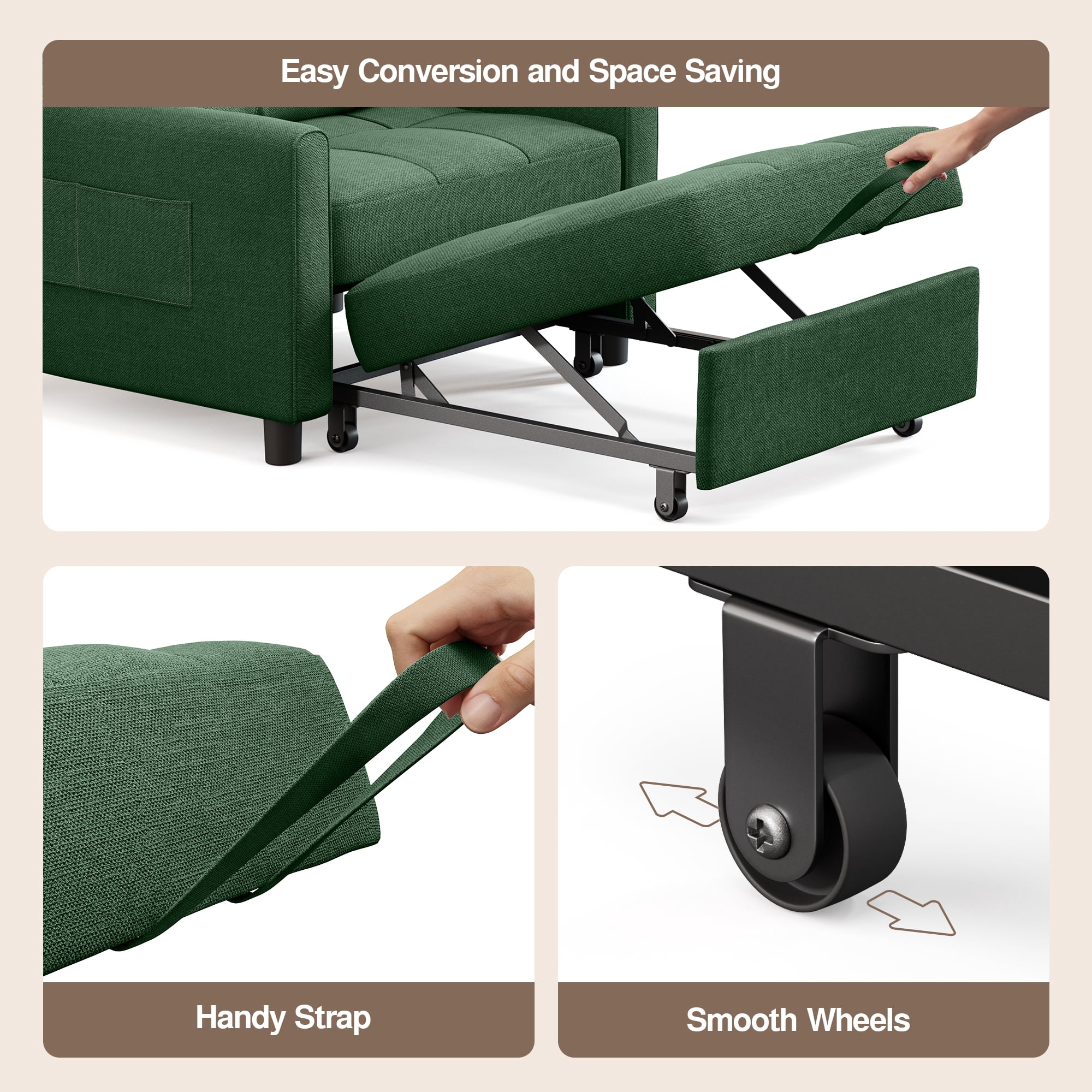 3-in-1 Convertible Sleeper Chair, Lightweight Foldable Sofa Bed for Small Spaces, Linen Upholstery, Green