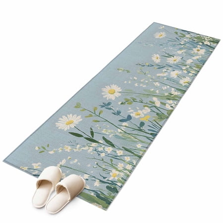 Botanical Blue Green Large Area Rugs for Bedroom Living Room Soft Non Slip Carpet Bedside Rug Spring Pastoral Daisy Leaf on Linen Rectangular Floor Cover Kitchen Accent Rug 2 x6 for Office