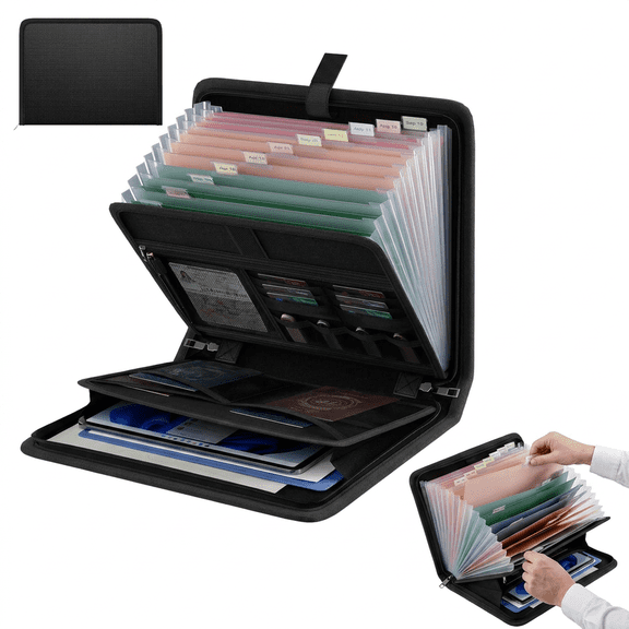 Folder Organizer, Accordion Folder, Document Binder, Fireproof Bag,Expanding Fireproof File Organizer with Waterproof Zipper & Label Tabs for Important Paper Document Storage, Black
