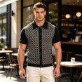 thumbnail image 2 of EANJE Men's Short Sleeve Knit Polo Cardigan, Geometric Pattern Button‑Down Lapel Collar Retro Casual Knitted Shirt for Daily Vacation Black L, 2 of 5
