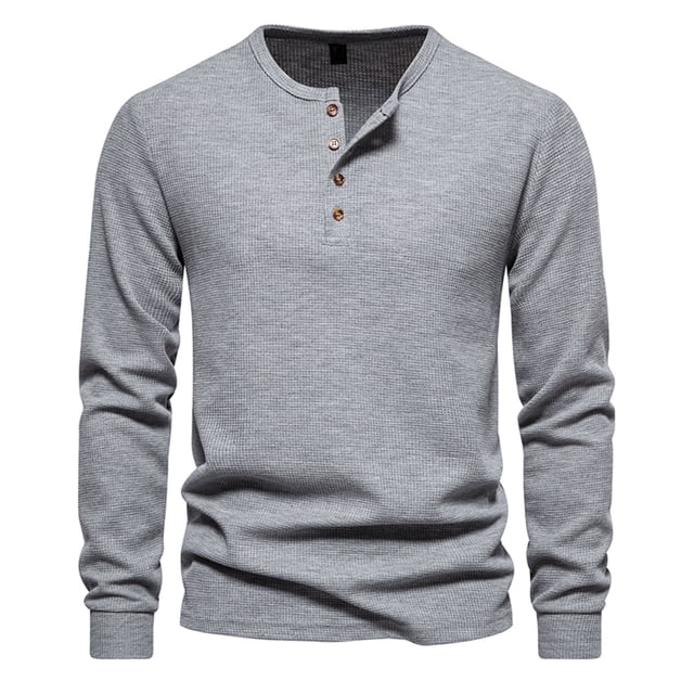 Yuyuzo Men Basic Tops Long Sleeve 1/4 Button Notch V Neck Cozy Fall Casual Shirts Blouse Solid Color