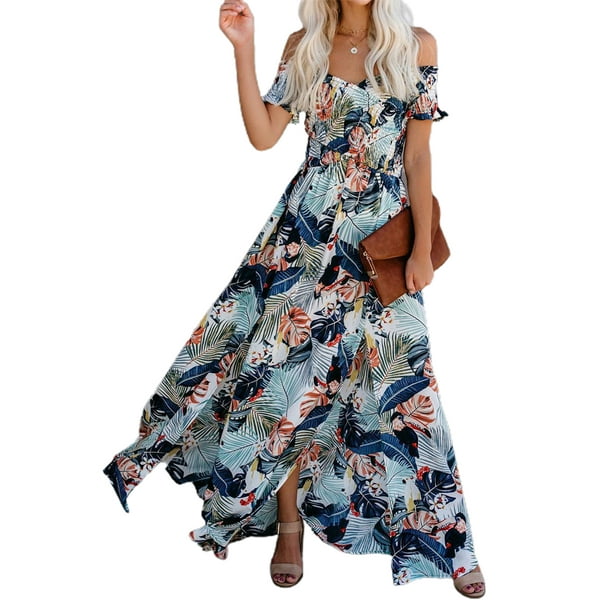 TRKIYQC Vestido de Mujer con Hombros Descubiertos, Vestido de Playa Largo con Estampado Floral de Manga Corta Bohemio TRKIYQC perder