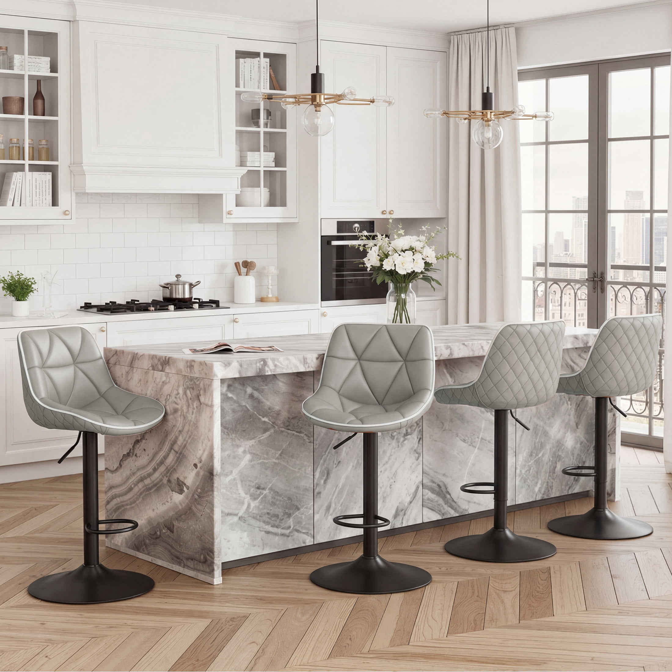 Hawsaiy Bar Stools Set of 2, Adjustable Swivel Counter Height Bar Stools with Back, Upholstered Modern Barstools with Diamond Stitching, Gray
