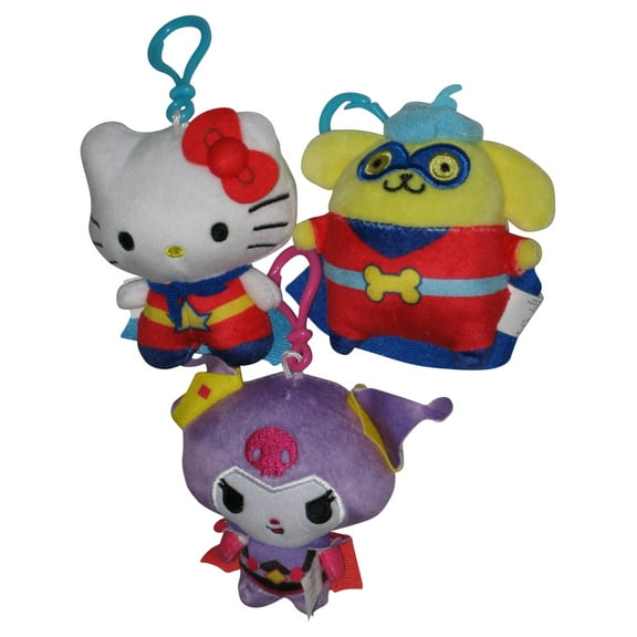 Hello Kitty & Friends Bullsitoy 4-Inch Clip-On Plush Keychain Set - (Super Kitty, Pompompurin & Kuromi)