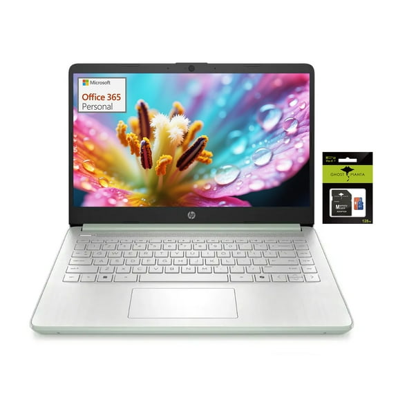 HP 14" Student-Laptop, Copilot AI 1 Year office365 Intel Processor N150(Up to 3.6GHz) 8GB RAM 256GB Storage(128GB UFC 128GB Ghost Manta SD Card) Computer with Wi-Fi 6 Win11 Willow Green