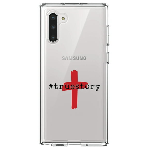 DistinctInk Clear Shockproof Hybrid Case for Samsung Galaxy Note 10 (6.3" Screen) - TPU Bumper Acrylic Back Tempered Glass Screen Protector - #truestory - Cross - Christian - Red
