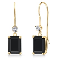 Gem Stone King 14K Yellow Gold Black Onyx and Lab Grown Diamond Dangle Earrings for Women | 3.40 Cttw | Gemstone December Birthstone | Emerald Cut 8X6MM