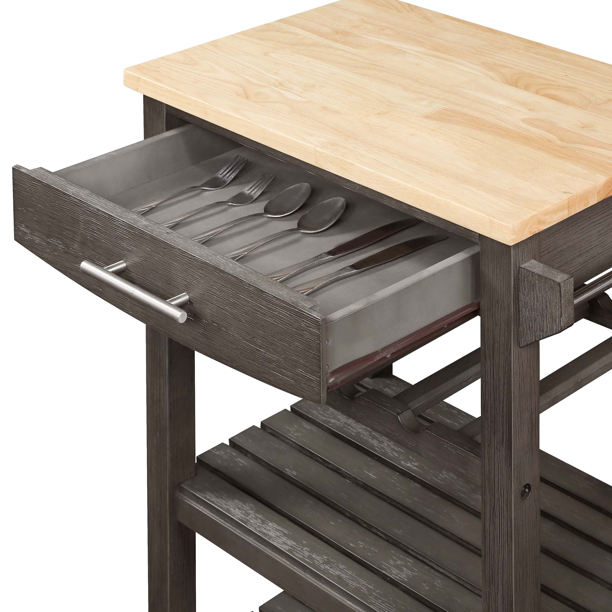 Ellaine 4 Tier Butcher Block Kitchen Cart with Drawer and Wine Rack, Wirebrush Dark Gray/Butcher Block