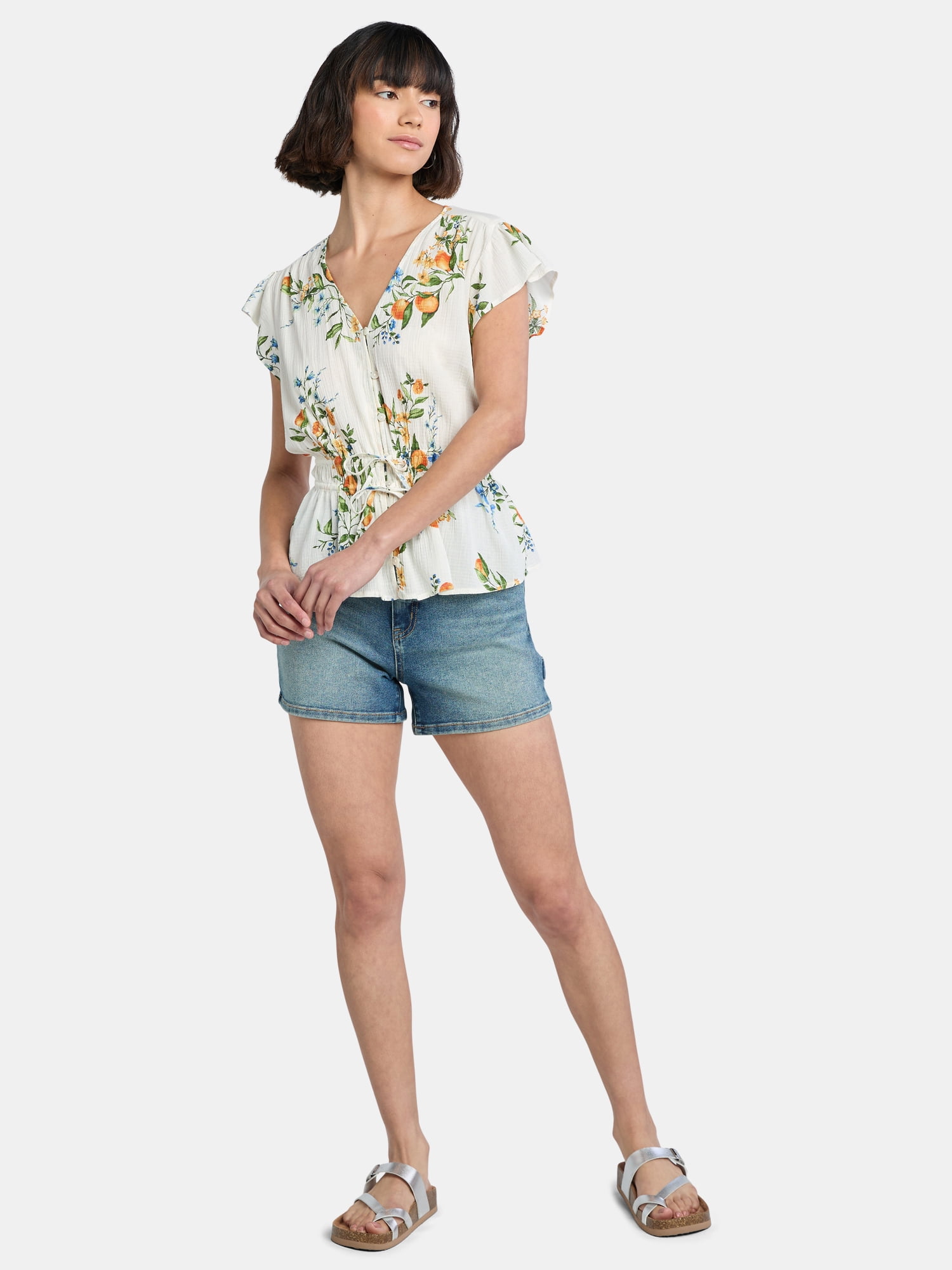 Time And Tru Women's Peplum Top with Flutter Sleeves, Sizes XS-XXXL